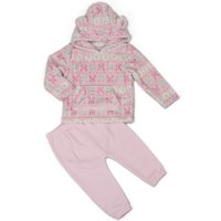 H33577:  Baby Pink Fairisle Hooded Plush Fleece Top & Jog Pant Set (6-24 Months)